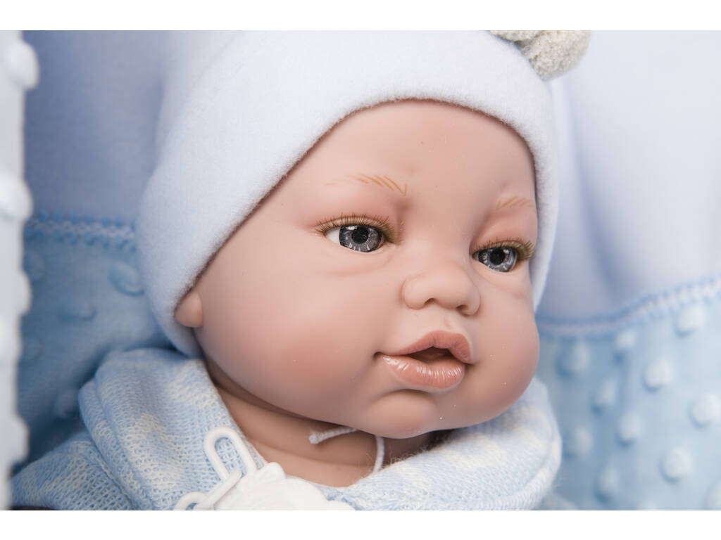 Neugeborene Puppe 42 cm. Blauer Strampler und Decke Berbesa 5117