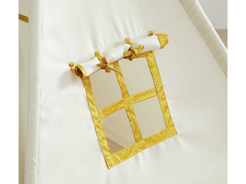 Maison Tipi beige et or avec tapis et coussins