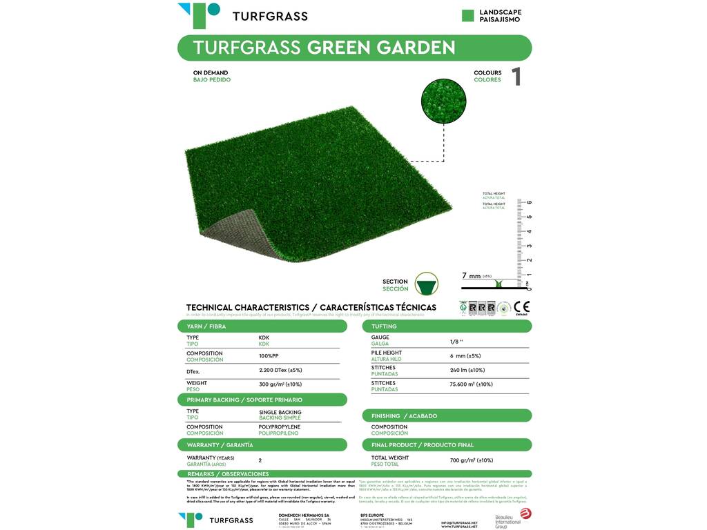 Relva Artificial Green Garden Latex de 7 mm Turfgrass GREENGARDEN200