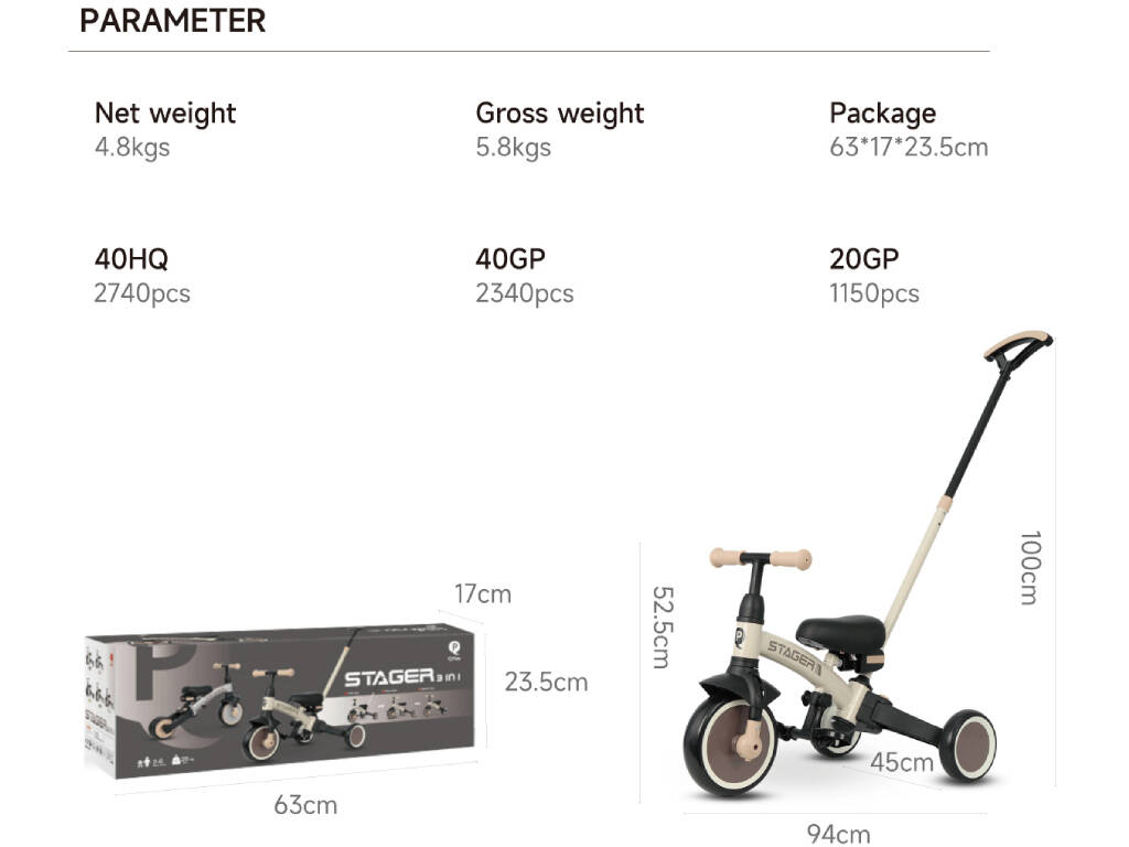 Triciclo y Bicicleta Stager 3 en 1 Beige