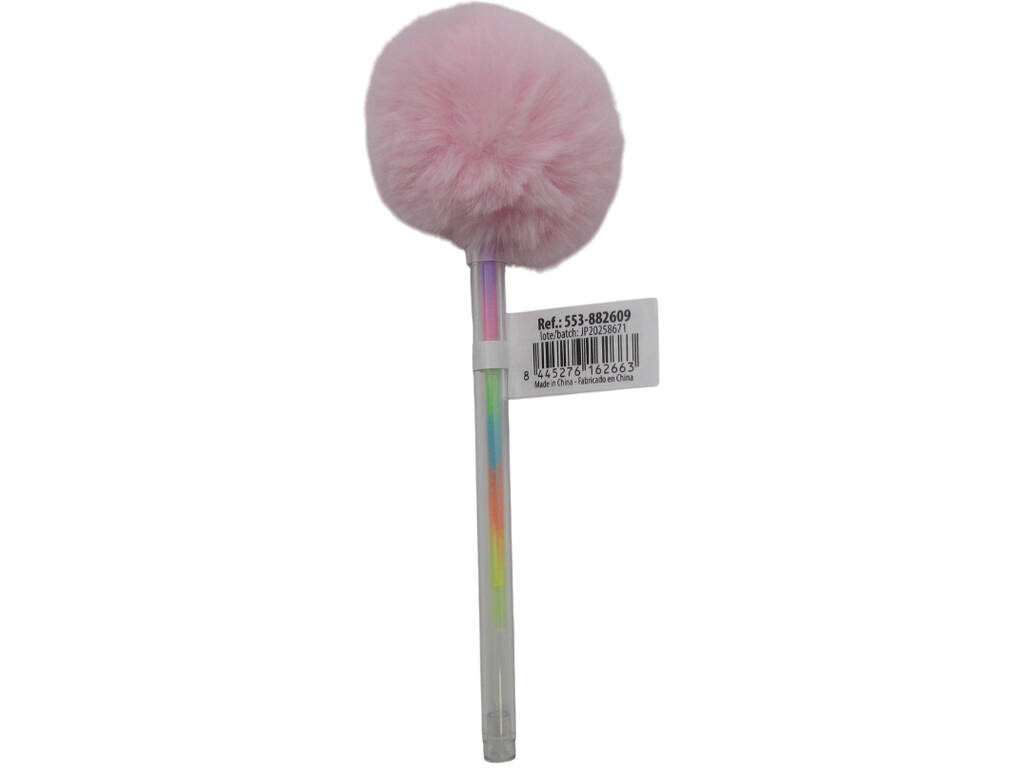 Stylo à bille multicolore avec pompon et couronne 17,5 cm
